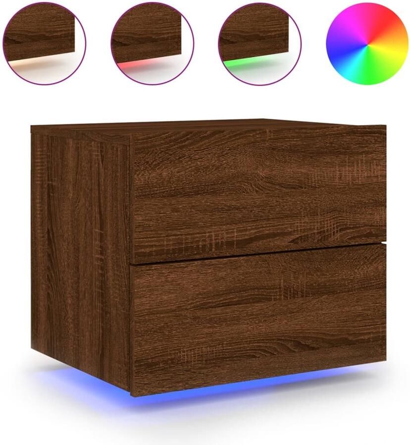 The Living Store Nachtkastje met LED's wandgemonteerd bruin eikenkleur Wandgemonteerd Nachtkastje Wandgemonteerde Nachtkastjes Nachtkastje Zwevend Nachtkastje - Foto 2