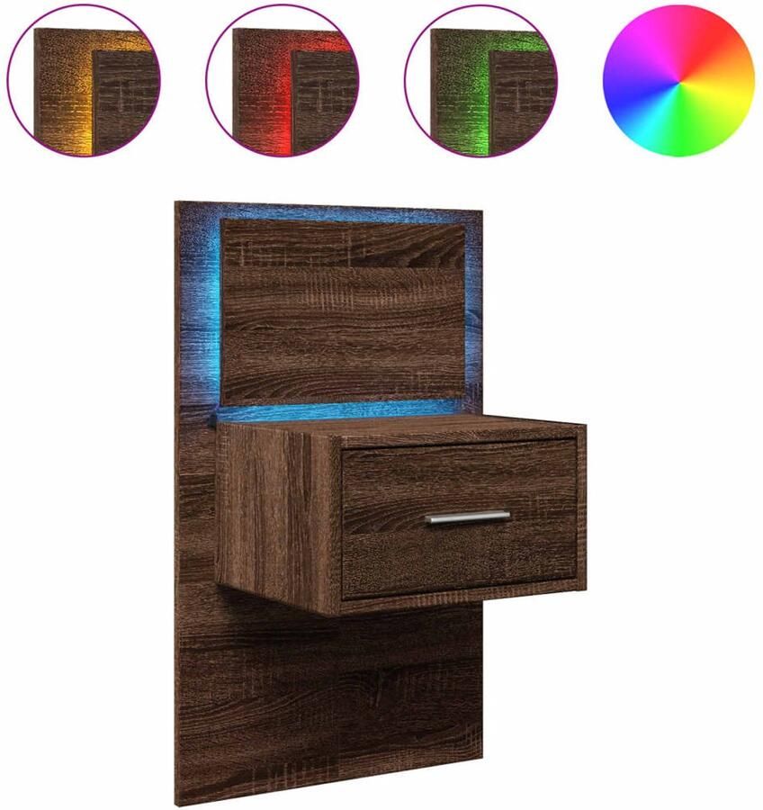 The Living Store Nachtkastje met LED's wandgemonteerd bruin eikenkleur Wandlamp Nachtkastje Slaapkamerruimte Houten Meubel Bruine Kleur - Foto 2