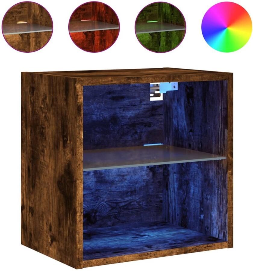 The Living Store Nachtkastje met LED's wandgemonteerd gerookt eikenkleurig Nachtkastje Led Lamp Bedroom Furniture Houten Kast Opbergvakken - Foto 2