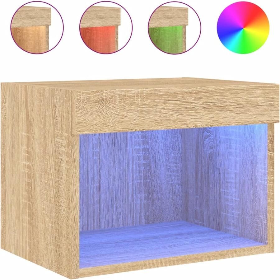 The Living Store Nachtkastje met LED's wandgemonteerd sonoma eikenkleurig Nachtkastje Led Lamp Bedroom Furniture Houten Kast Sonoma Eiken - Foto 2