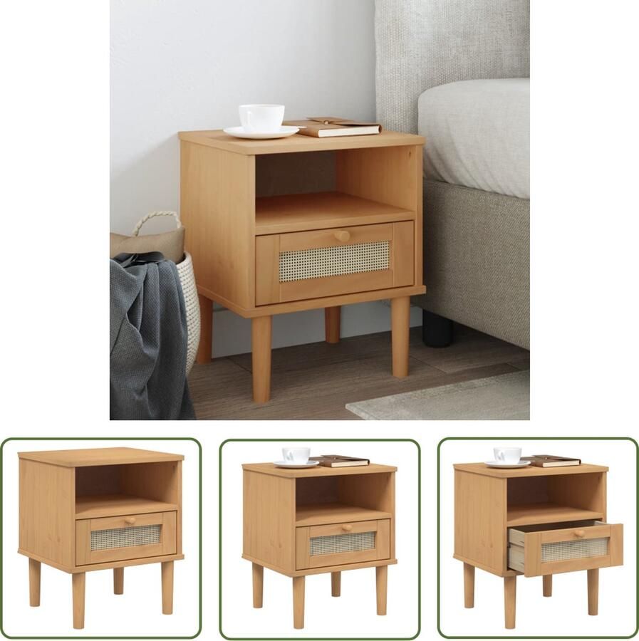 The Living Store SENJA Nachtkastje Grenenhout Rattan Front 40x35x48 cm Met lade en opbergruimte Nachtkastje Nachtlampje Slaapkamerdecoratie Grenenhouten Kast Vintage Meubilair