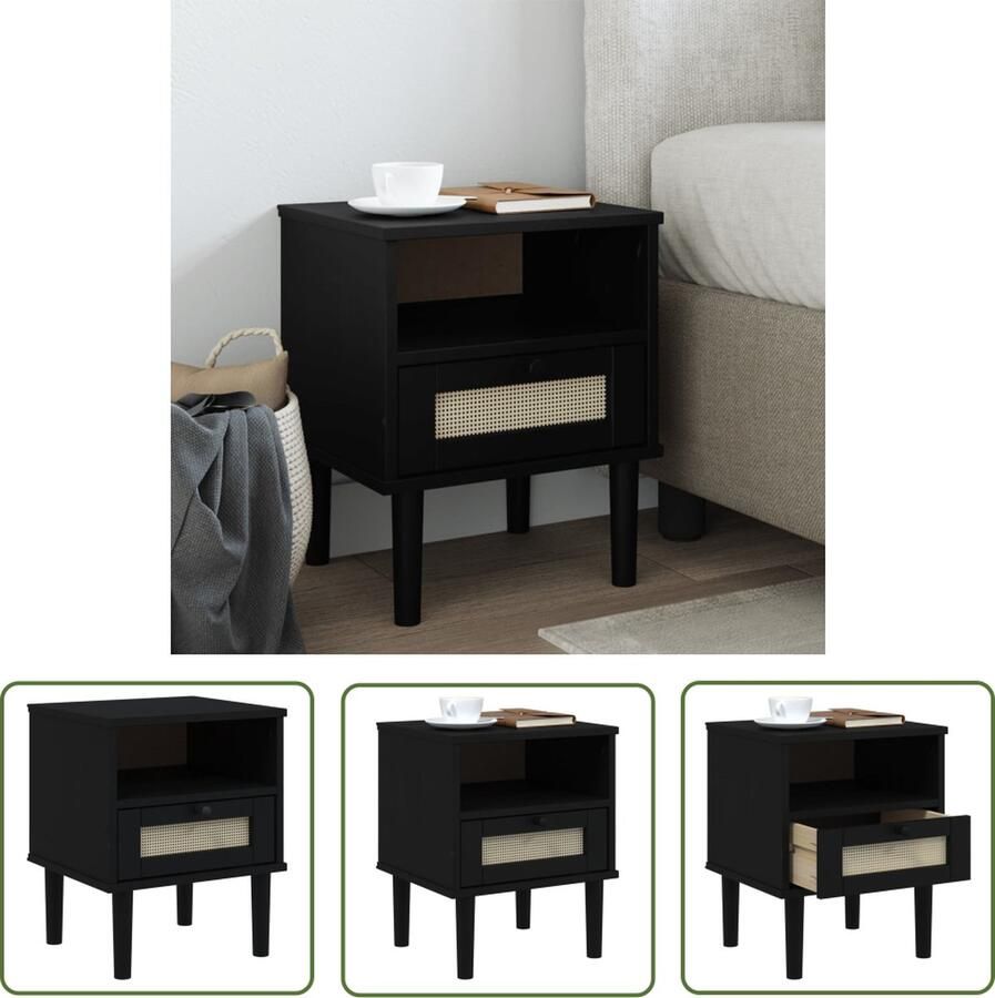 The Living Store SENJA Nachtkastje Grenenhout UV-vernis Rattan uitstraling 40 x 35 x 48 cm Zwart Nachtkastje Kastje Slaapkamervlooring Grenenhouten Meubilair Robuust Nachtkastje