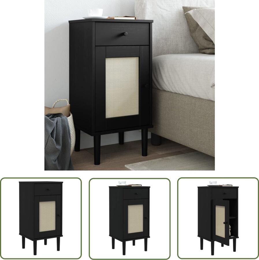 The Living Store SENJA Nachtkastje Grenenhout 40 x 35 x 80 cm UV-vernis Rattan Opbergruimte Nachtkastje Kastje Slaapkamerdecoratie Grenenhout Meubel Vintage Stijl