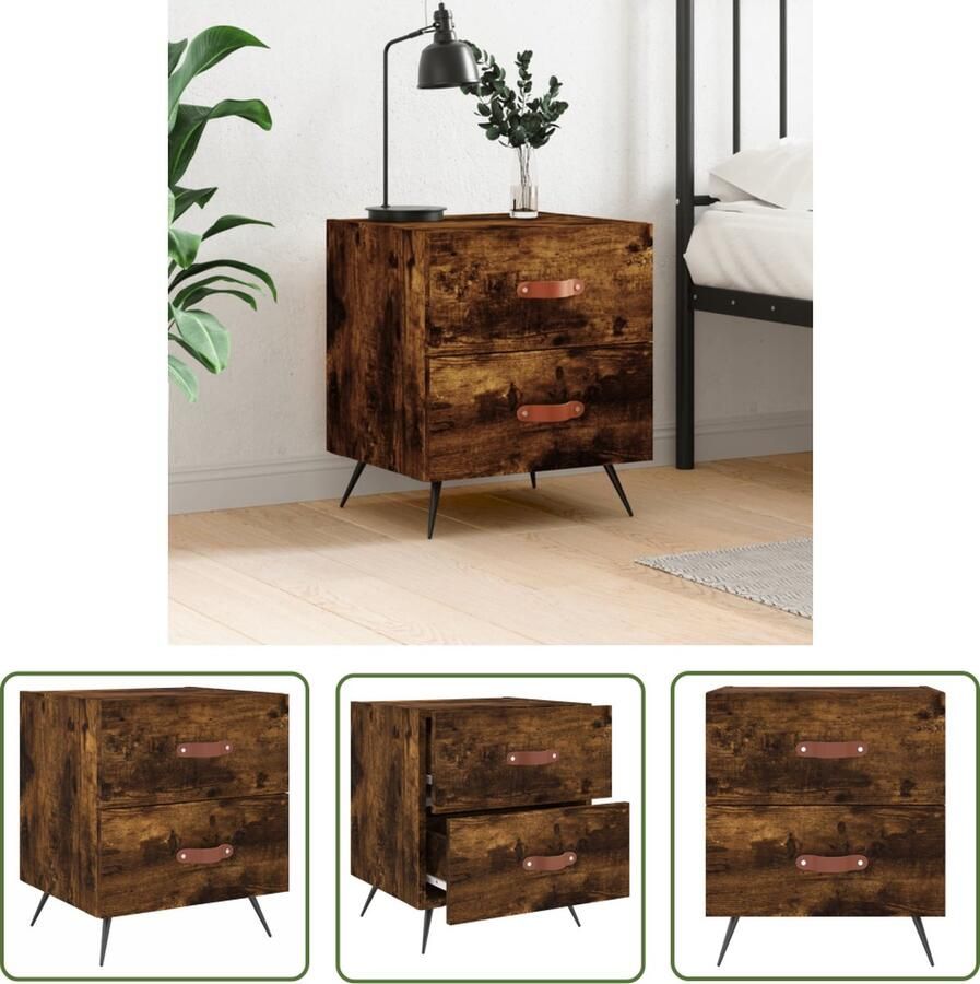The Living Store Nachtkastje Smoked Oak Bewerkt hout 40 x 35 x 47.5 cm Met lades en displayfunctie Nachtkastje Kast Houten Kast Bruine Kast Modern Design - Foto 2