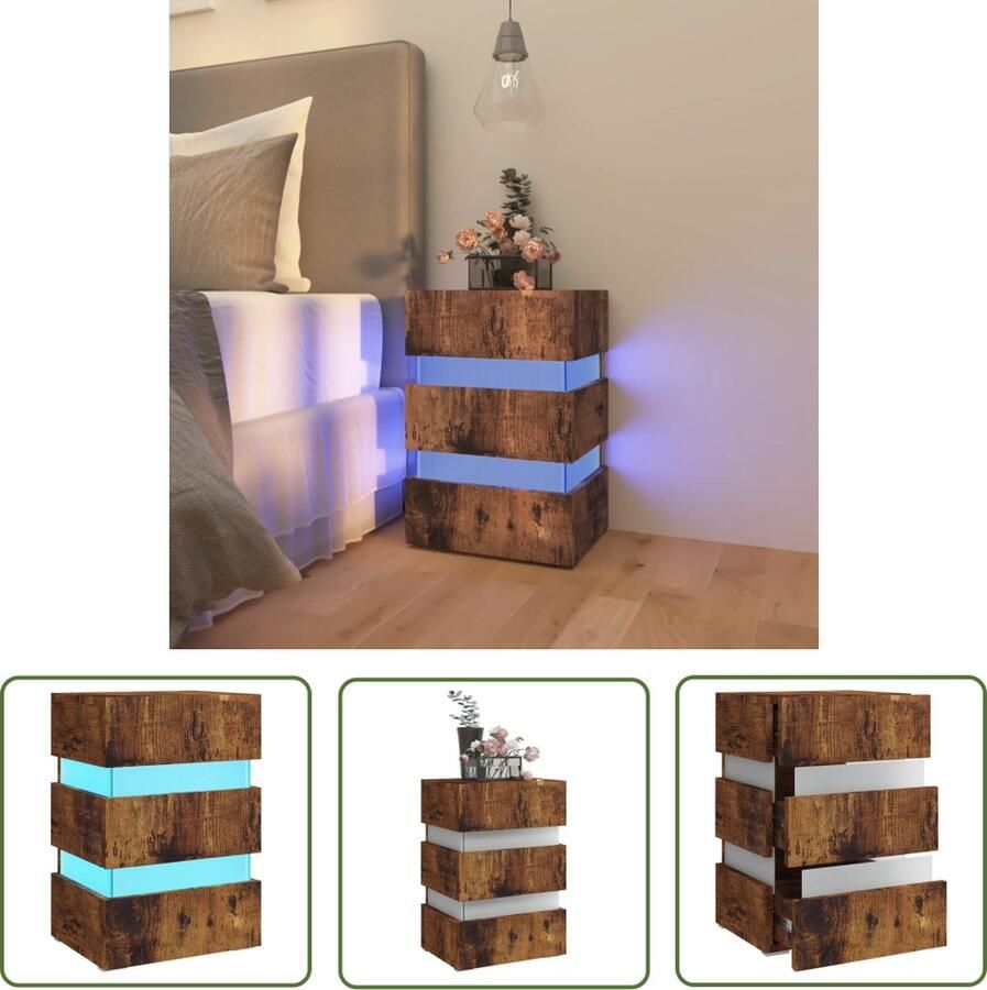 The Living Store Nachtkastje Smoked Oak LED-verlichting USB-aansluiting 45 x 35 x 67 cm Nachtkastje Kastje Led Lamp Usb Aansluiting Houten Nachtlamp - Foto 2