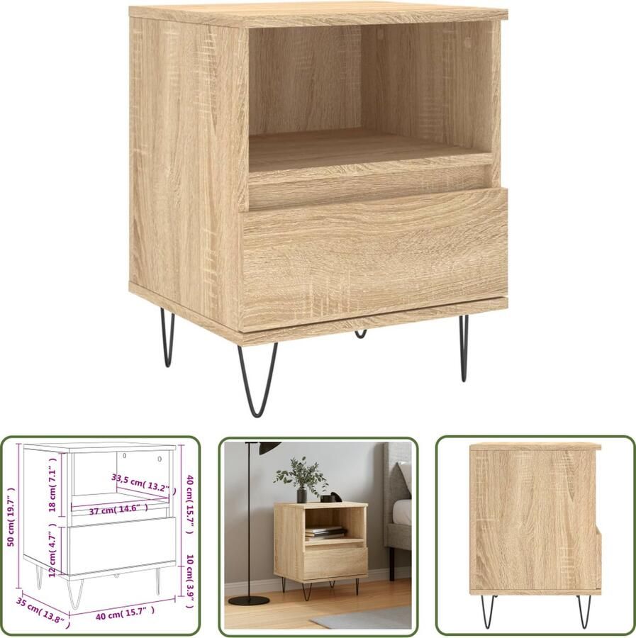 The Living Store Nachtkastje 40x35x50 cm bewerkt hout sonoma eikenkleurig Nachtkastje Nachtaandacht Salontafel Kastje Houten Nachtstand - Foto 2