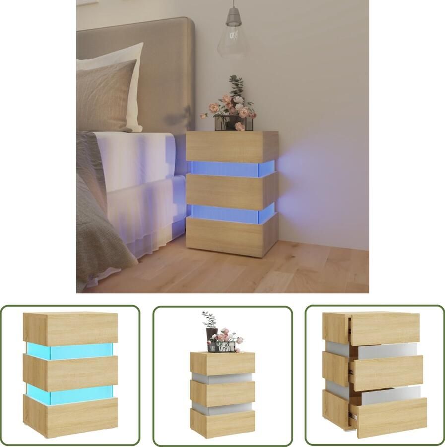 The Living Store Nachtkastje Sonoma Eiken LED-verlichting 45 x 35 x 67 cm USB-aansluiting Nachtkastje Led Lamp Nachtlampje Houten Nachtkastje Sonoma Eiken - Foto 2