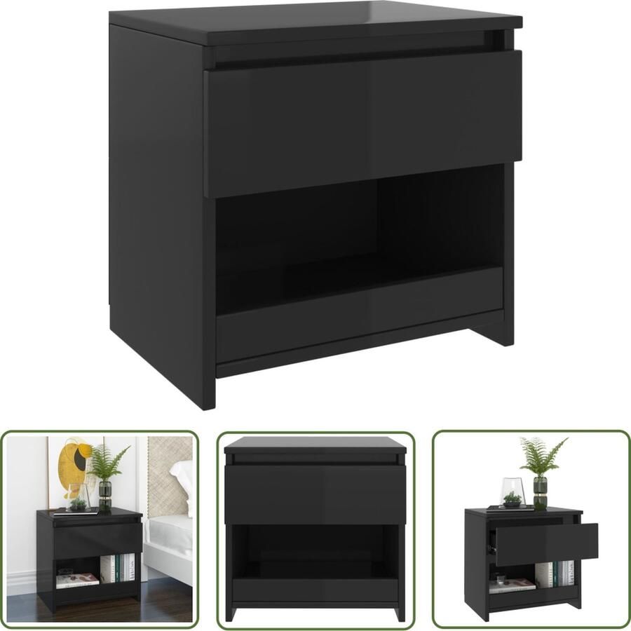 The Living Store Nachtkastje Spaanplaat 40x30x39 cm Hoogglans zwart - Foto 2