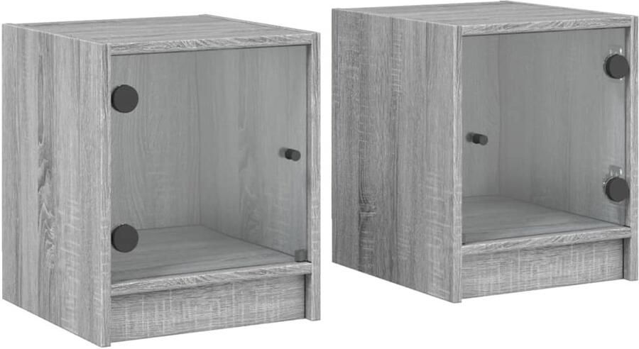 The Living Store Nachtkastjes met glazen deuren 2 st 35x37x42 cm grijs sonoma Nachtkastje Kastje Slaapkamermeubel Houten Meubel Grijze Meubels - Foto 2