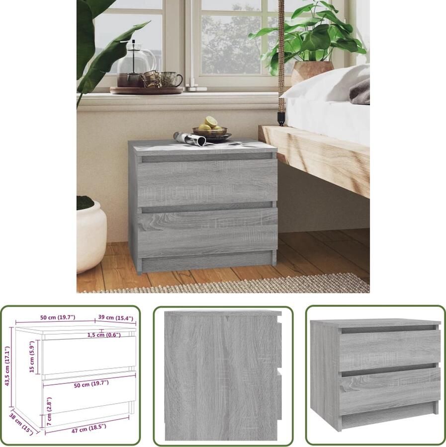 The Living Store Nachtkastjes 2 st 50x39x43 5 cm bewerkt hout grijs sonoma eiken Nachtkastje Slaapkamer Meubilair Houten Nachtkastje Grijze Nachtkastje Sonoma Eiken - Foto 2