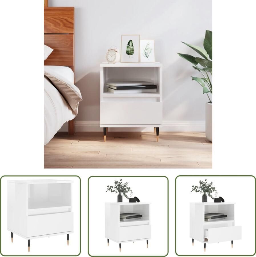 The Living Store Nachtkastje 40x35x50 cm bewerkt hout hoogglans wit Nachtkastje Kastje Slaapkamervloerisdecoratie Houten Nachttafel Vintage Nachtkastje - Foto 2