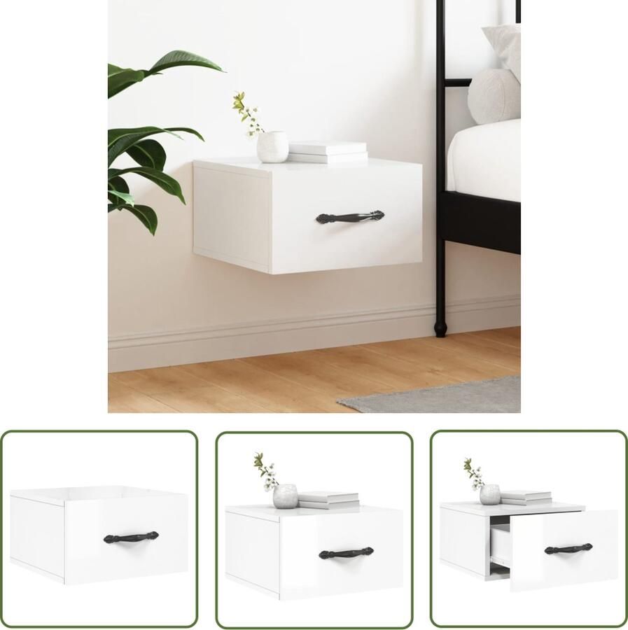 The Living Store Nachtkastje Wandgemonteerd Hoogglans wit 35 x 35 x 20 cm (B x D x H) Duurzaam bewerkt hout Nachtkastje Wandmontage Houten Nachtlampje Bijzettafels Witte Meubels - Foto 2