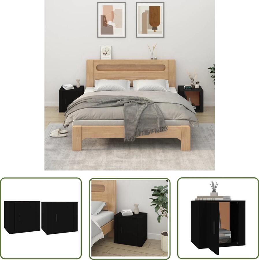 The Living Store Nachtkastje Zwart 50 x 39 x 47 cm Stevig bewerkt hout Set van 2 kastjes - Foto 2
