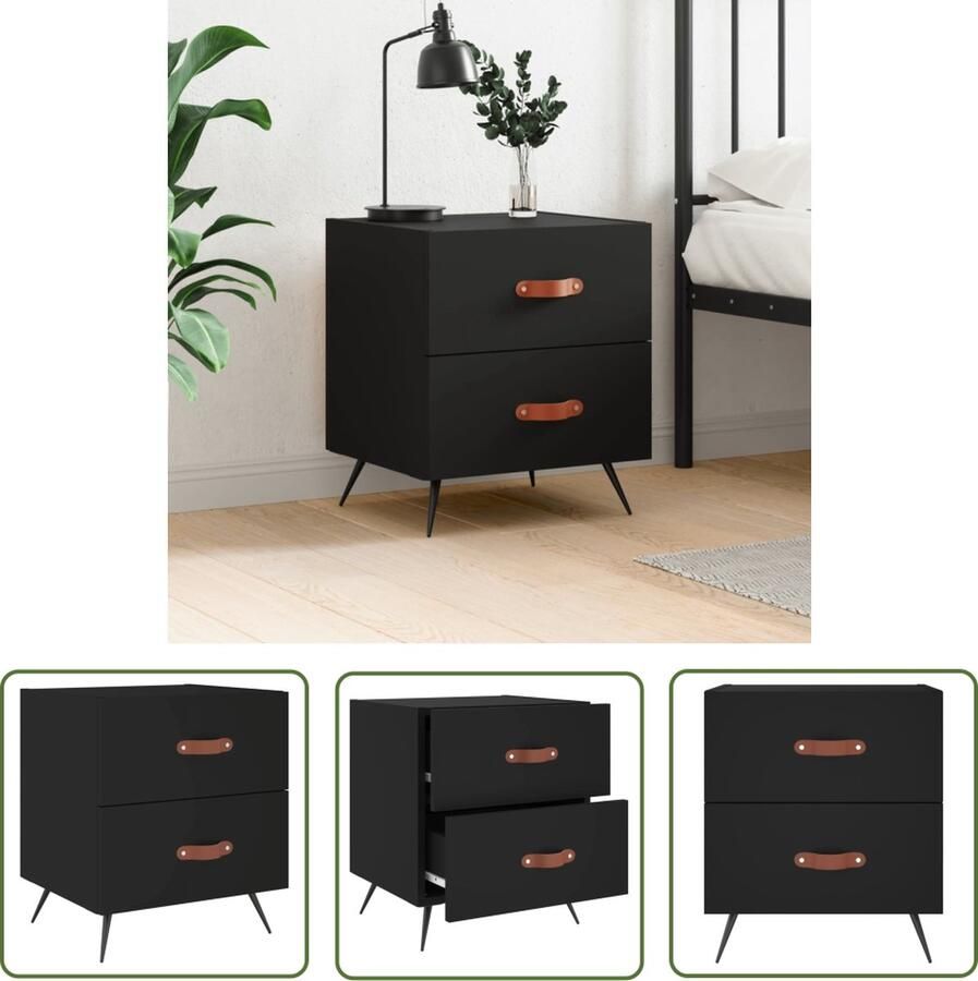 The Living Store Nachtkastje Zwart Bewerkt hout 40x35x47.5 cm Metalen voeten Nachtkastje Kast Bijzettafel Houten Kast Zwarte Kast - Foto 2
