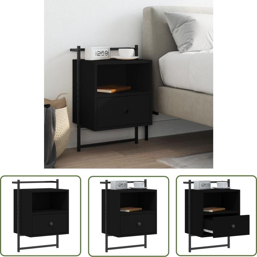 The Living Store Nachtkastje Zwart Hout en Metaal Wandgemonteerd 40 x 30 x 61 cm