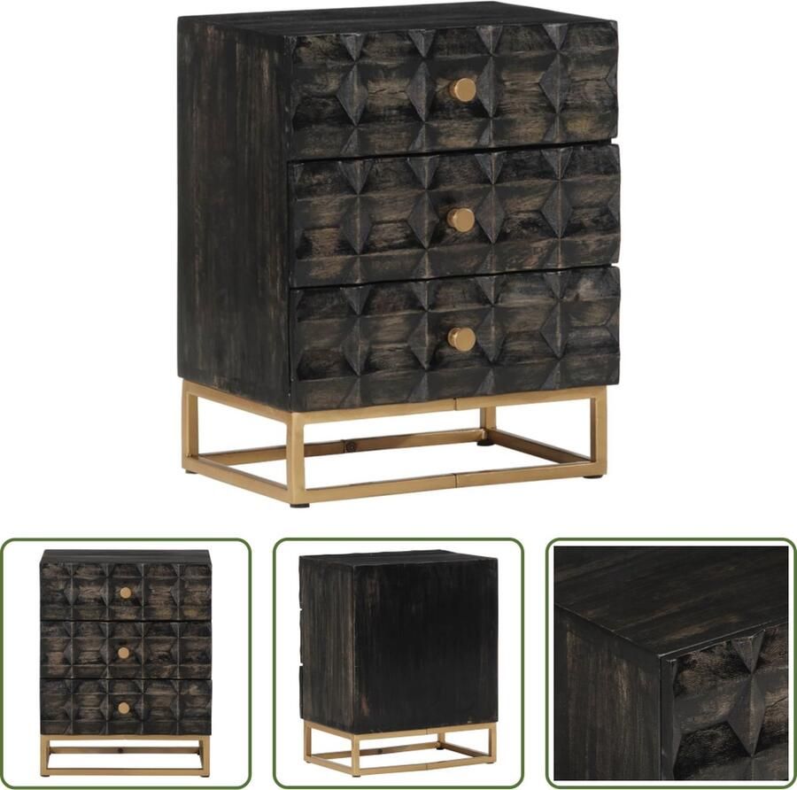 The Living Store Nachtkastje Zwart Houten nachtkastje 40x29x50cm Massief mangohout met zwarte afwerking