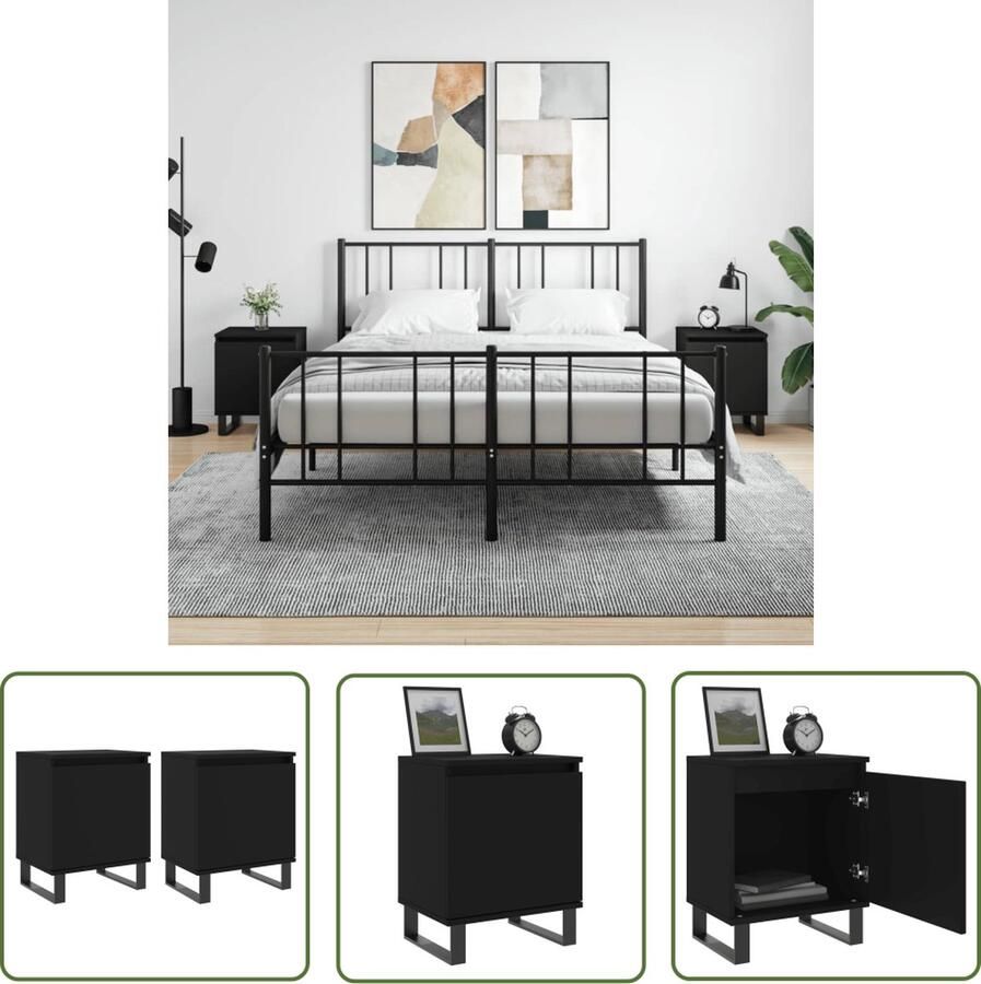 The Living Store Nachtkastje Zwart Set van 2 40 x 30 x 50 cm Bewerkt Hout en IJzer - Foto 2