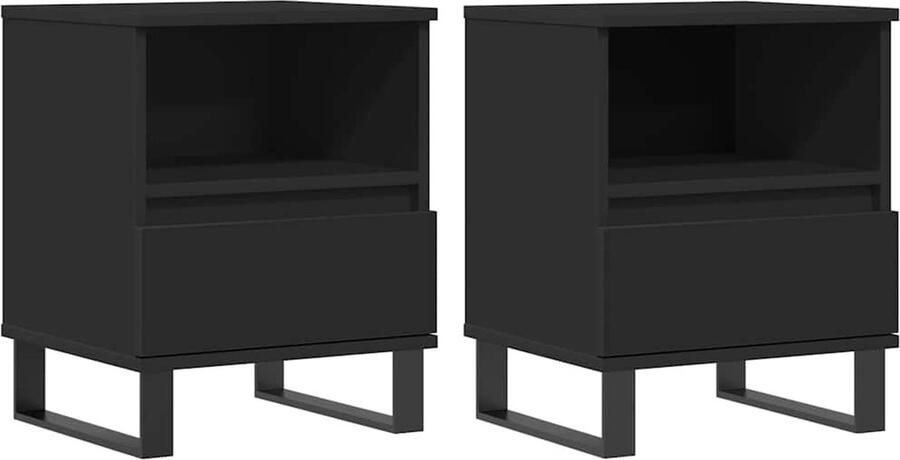 The Living Store Nachtkastje Zwarte Bewerkt Hout en Metalen Poten 40 x 35 x 50 cm Met Lade en Vak Nachtkastje Kastje Slaapkamermeubel Houten Meubel Zwarte Meubels