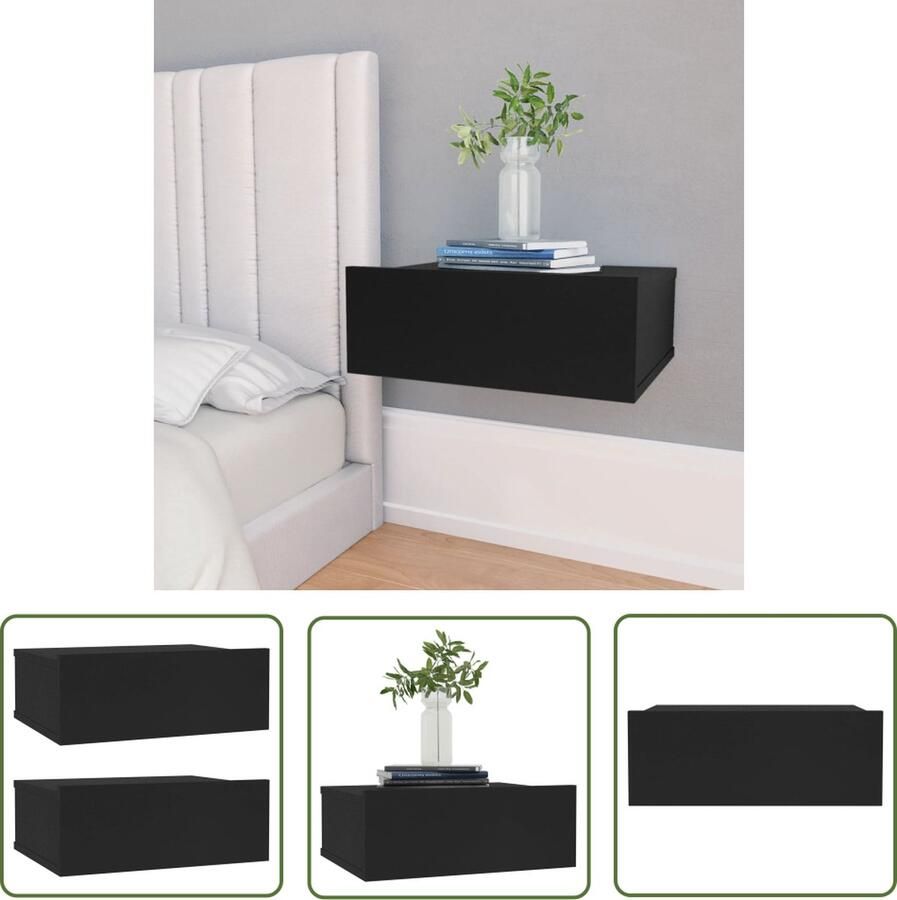 The Living Store Zwevende Nachtkastjes Zwart 40 x 30 x 15 cm Bewerkt Hout Met Lade Wandmontage 2 Stuks Zwevende Nachtkast Zwarte Nachtkast Wandkast Nachtlamp Tafellamp Slaapkamersdecoratie - Foto 2