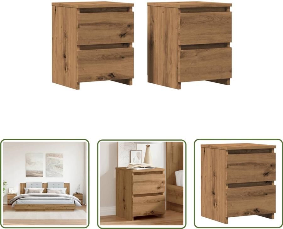 The Living Store Nachtkastjes 2 st 30x30x40cm bewerkt hout artisanaal eikenkleur Nachtkastjes Industrieel Design Houten Meubilair Salontafel Bureaukast - Foto 2