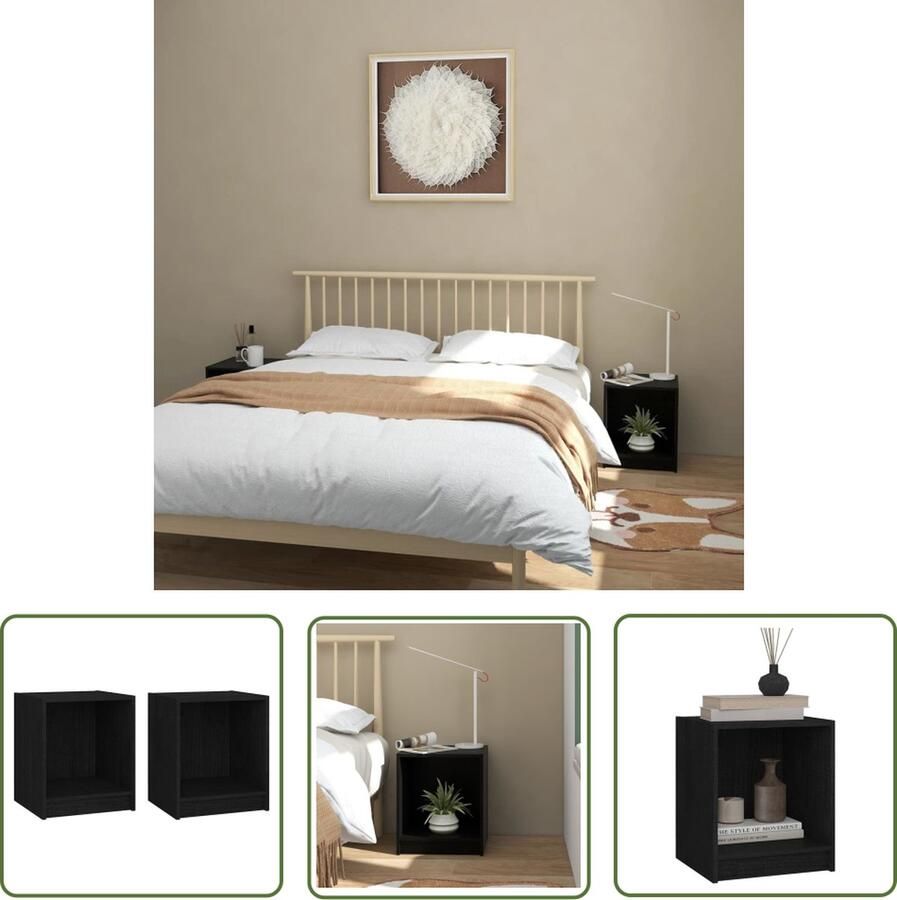 The Living Store Nachtkastjes Grenenhout Zwart 35.5 x 33.5 x 41.5 cm Set van 2 Nachtkastjes Meubilair Slaapkamerinrichting Grenenhouten Meubil Zwarte Meubelen - Foto 2