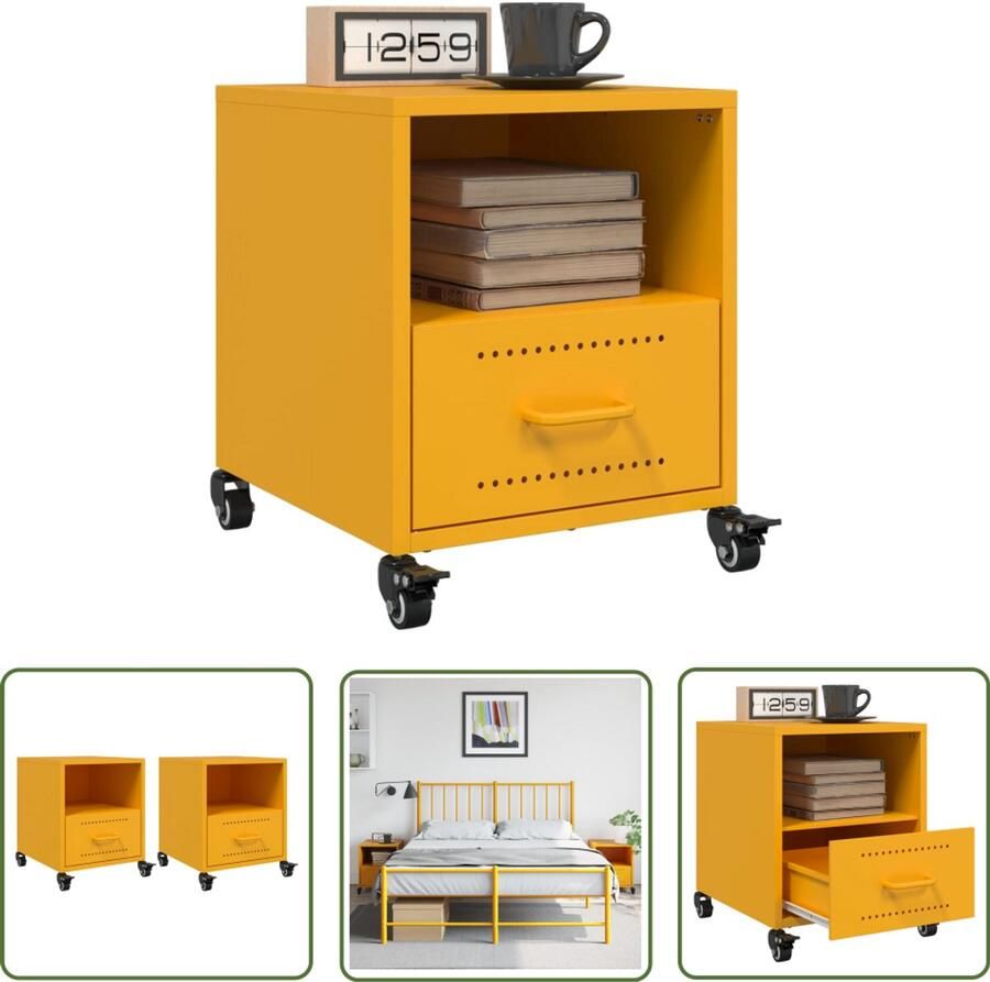 The Living Store Nachtkastjes 2 st 36x39x43 5 cm staal mosterdgeel Nachtkastje Meubel Mustard Yellow Vintage Industrieel