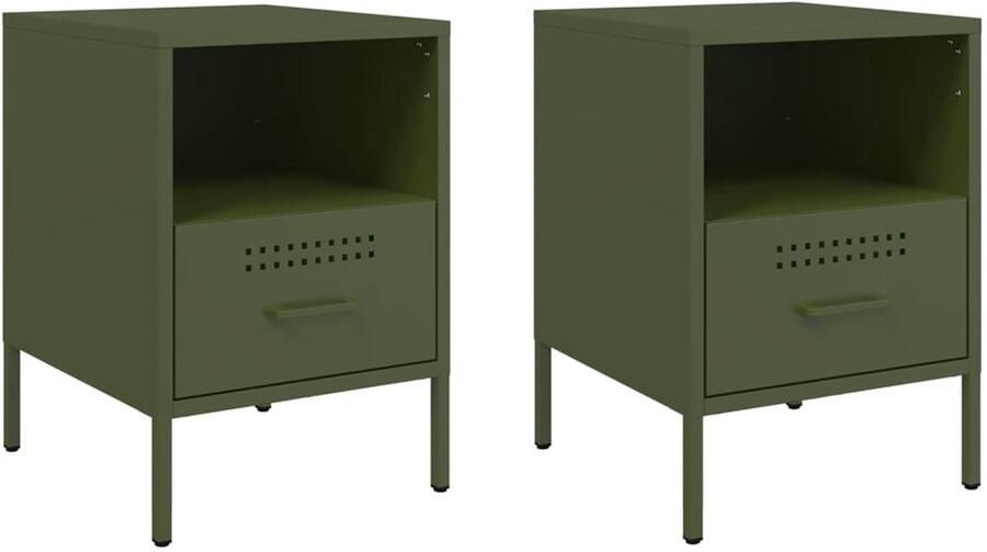 The Living Store Nachtkastjes 2 st 36x39x50 5 cm staal olijfgroen Nachtkastjes Industrieel Staal Olijfgroen Opbergruimte - Foto 2