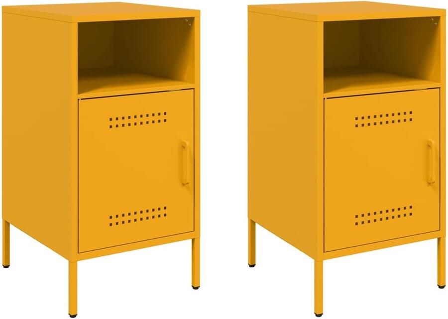 The Living Store Nachtkastjes 2 st 36x39x68 cm staal mosterdgeel Nachtkastjes Industrieel Design Staalkasten Mustard Yellow Vintage Interieur - Foto 2