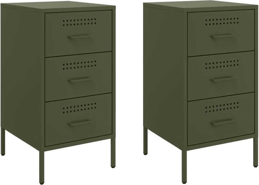 The Living Store Nachtkastjes 2 st 36x39x68 cm staal olijfgroen Nachtkastjes Industrieel Staal Groen Slaapkamers - Foto 2