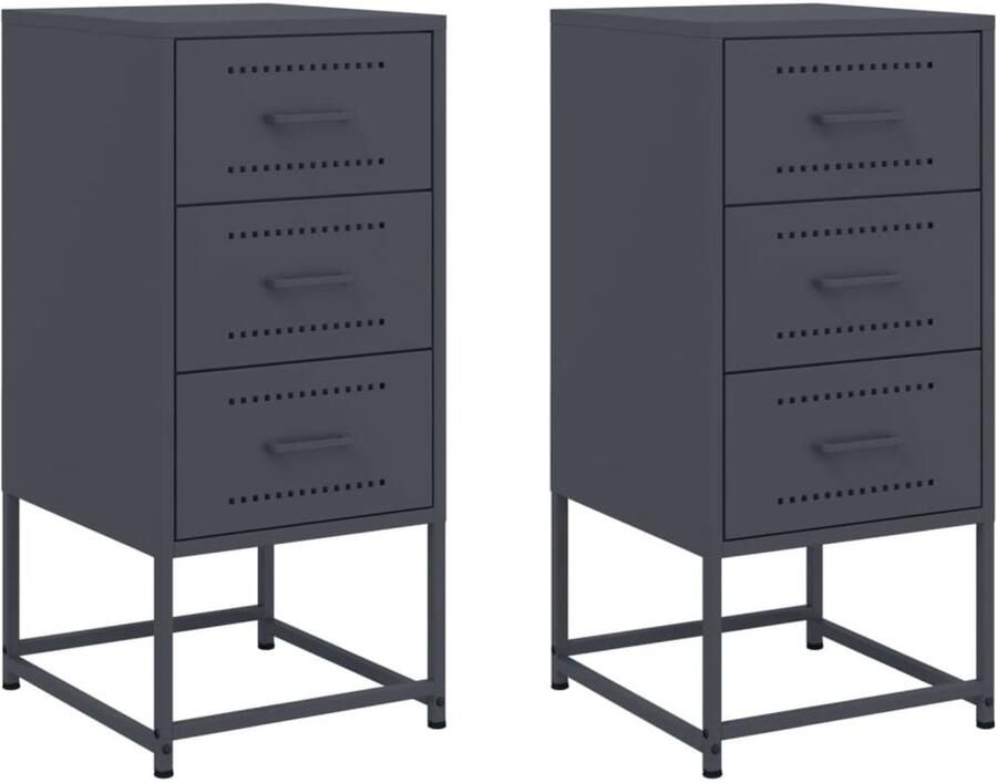 The Living Store Nachtkastjes 2 st 36x39x78 cm staal antracietkleurig Nachtkastjes Industriële Design Staal Antraciet Opbergkast - Foto 2