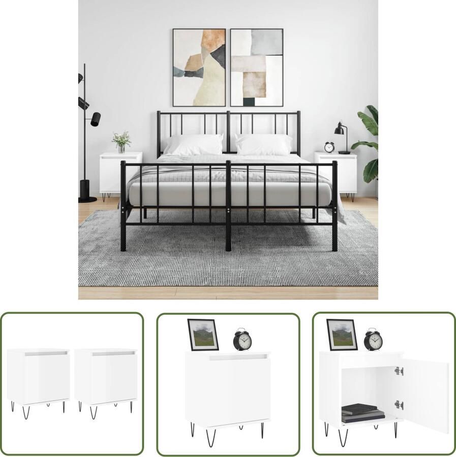 The Living Store Nachtkastje Hoogglans wit 40 x 30 x 50 cm Bewerkt hout en ijzer Nachtkastje Kastje Slaapkamerinrichting Houten Nachttafel Wit Meubel - Foto 3