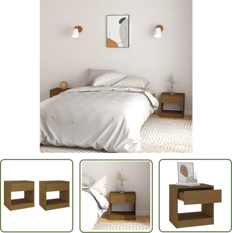 The Living Store Nachtkastjes 2 st 40x31x40 cm massief grenenhout honingbruin Nachtkastjes Bedkastjes Meubilair Houtmeubelen Grenenhout - Foto 2