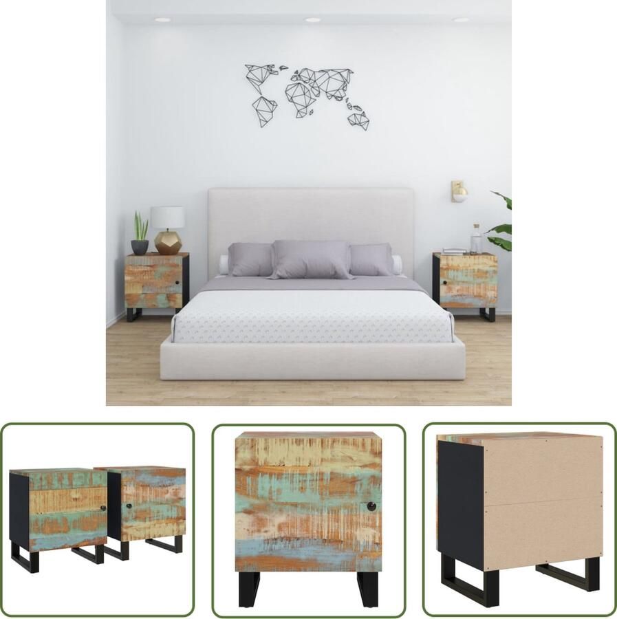 The Living Store Nachtkastjes Massief gerecycled hout Voldoende opbergruimte Stevig blad Flexibele deurinstallatie Industriële basis Kleur frame- zwart Afmetingen- 40 x 33 x 46 cm 2x nachtkastje - Foto 2