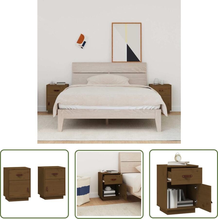 The Living Store Nachtkastjes 2 st 40x34x55 cm massief grenenhout honingbruin Nachtkastjes Kastjes Meubilair Slaapkamermeubel Hout - Foto 2