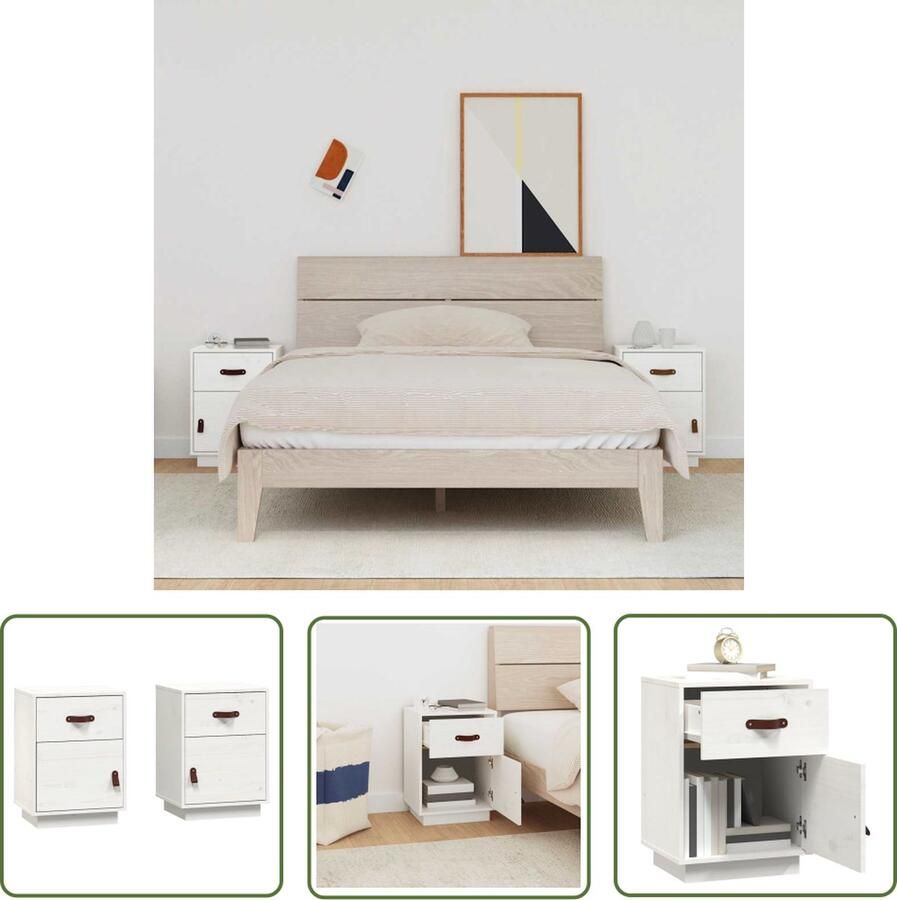 The Living Store Nachtkastjes 2 st 40x34x55 cm massief grenenhout wit Nachtkastje Nachtkastjes Grenenhout Houtmeubel Wit Meubel - Foto 2