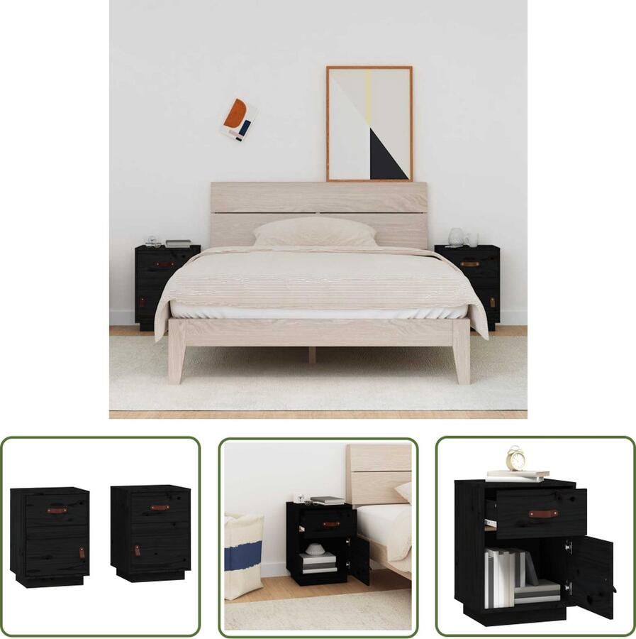 The Living Store Nachtkastjes Houten Zwart 40x34x55 cm Massief Grenenhout Nachtkastjes Meubilair Slaapkamer Hout Grenenhout - Foto 2