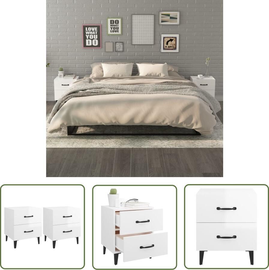 The Living Store Nachtkastjes 2 st 40x35x47 cm hoogglans wit Nachtkastjes Industrieel Meubilair Houten Nachtkastjes Witte Nachtkastjes Bijzettafels - Foto 2