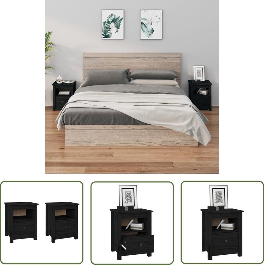 The Living Store Nachtkastjes Massief grenenhout 40 x 35 x 49 cm Set van 2 Nachtkastjes Meubilair Slaapkamerinrichting Grenenhouten Meubel Zwarte Meubels - Foto 2