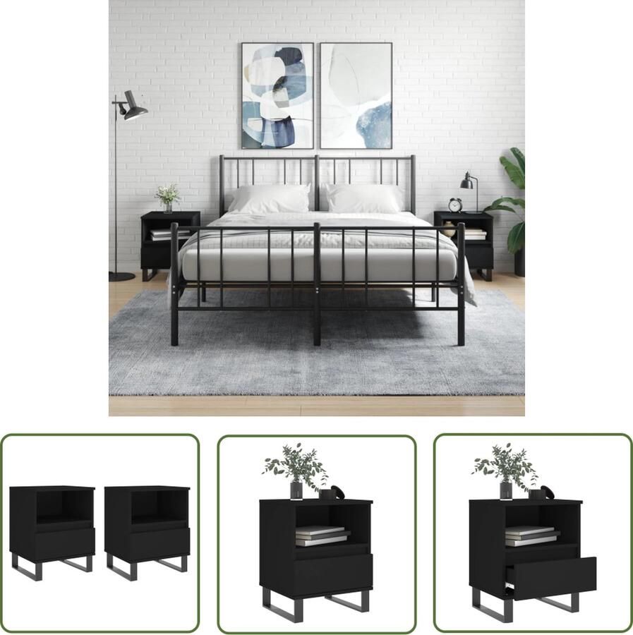 The Living Store Nachtkastje Zwarte Bewerkt Hout en Metalen Poten 40 x 35 x 50 cm Met Lade en Vak Nachtkastje Kastje Slaapkamermeubel Houten Meubel Zwarte Meubels - Foto 2