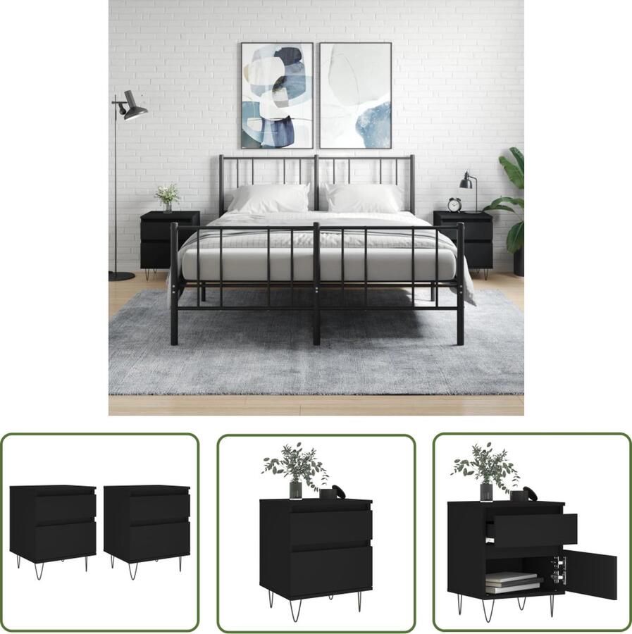The Living Store Nachtkastjes 2 st 40x35x50 cm bewerkt hout zwart Nachtkastjes Kastjes Slaapkamermeubel Nachtlamp Tafeltje Woonaccessoires