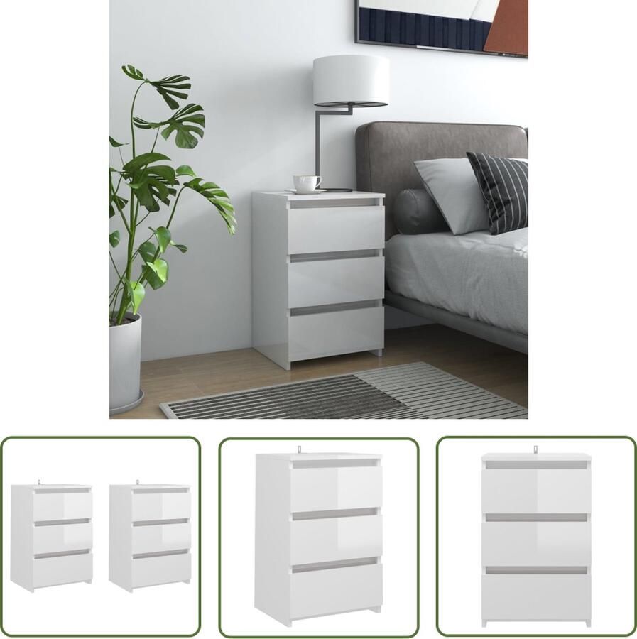 The Living Store Nachtkastjes 2 st 40x35x62 5 cm bewerkt hout hoogglans wit Nachtkastjes Bedkastjes Slaapkamermeubel Wit Meubel Hout Meubel - Foto 2