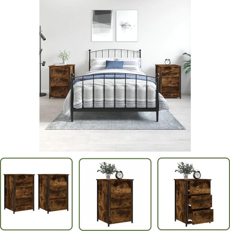 The Living Store Nachtkastjes IndustriÃle look 3 lades Verstelbare poten Gerookt eiken 40 x 36 x 60 cm Nachtkastjes Industrieel Design Houten Nachtkastjes Bruine Nachtkastjes Opbergkastjes - Foto 2