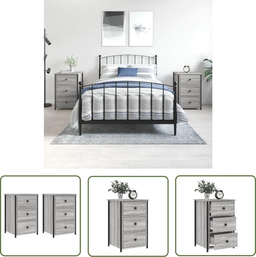 The Living Store Nachtkastjes Industrieel 40 x 36 x 60 cm Grijs Sonoma Eiken Set van 2 Nachtkastjes Industrieel Grijze Nachtkastjes Houten Nachtkastjes Salontafel - Foto 2