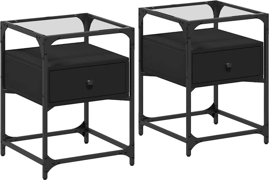 The Living Store Nachtkastjes 2 st 40x40x55 cm bewerkt hout zwart Nachtkastje Kastje Slaapkamermeubilair Houten Meubel Zwart Meubel - Foto 2