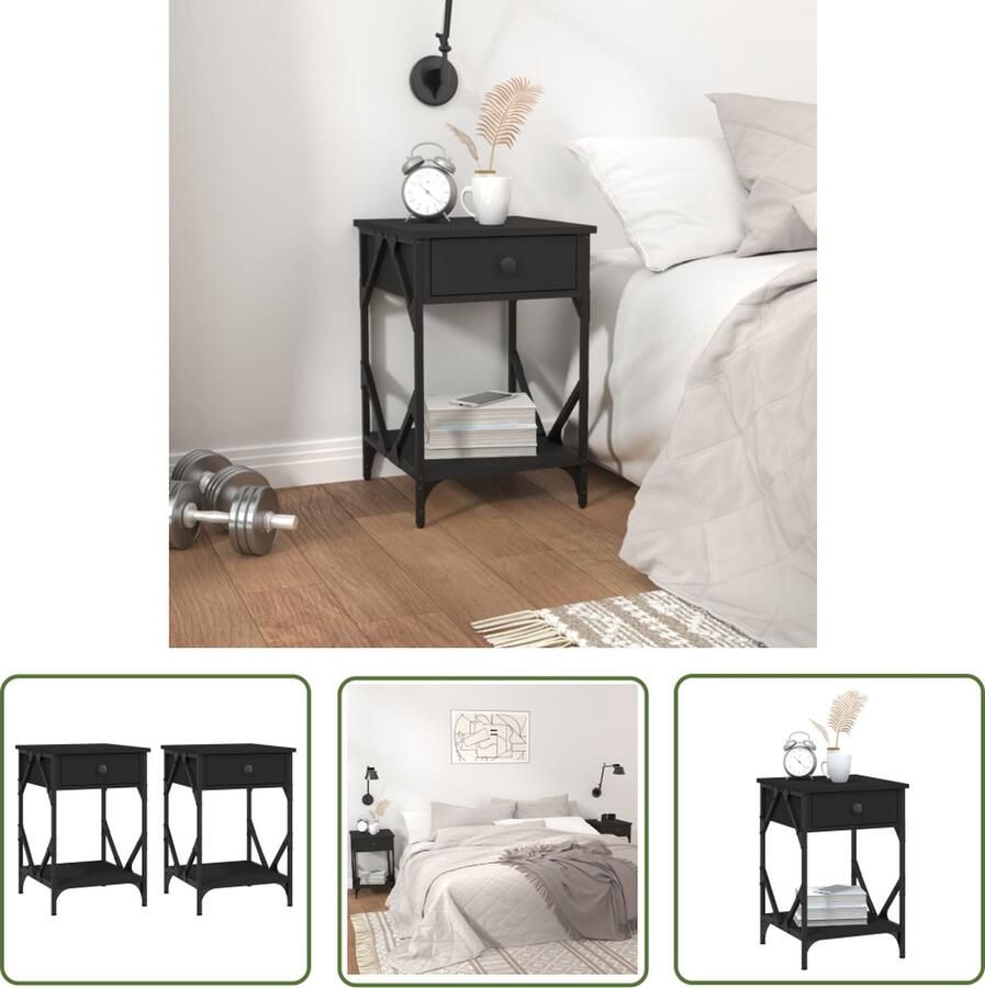 The Living Store Industrieel Nachtkastje Zwart 40 x 42 x 60 cm Met Opbergruimte Nachtkastje Industrieel Design Zwarte Kleur Houten Kast Opbergkast - Foto 2
