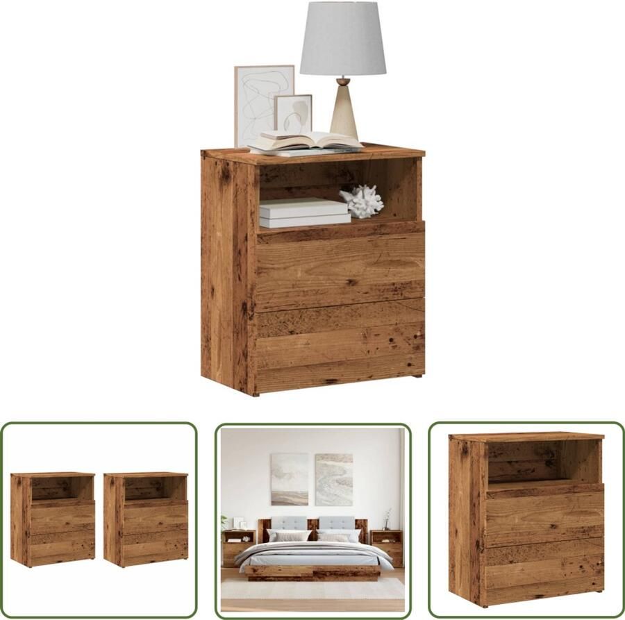 The Living Store Nachtkastjes 2 st 50x32x60 cm bewerkt hout oud houtkleurig Nachtkastje Houten Meubel Vintage Design Slaapkamersdecoratie Opbergkast