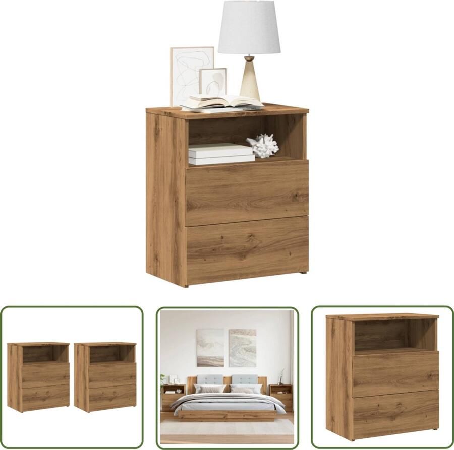 The Living Store Nachtkastjes 2 st 50x32x60cm bewerkt hout artisanaal eikenkleur Nachtkastjes Dressoirkast Slaapkamerdecoratie Houten Meubel Bergruimte - Foto 2