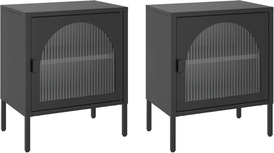 The Living Store Nachtkastjes 2 st 50x35x60 cm glas en staal zwart Nachtkastjes Slaapkamermeubilair Staalkasten Glazen Kastjes Zwarte Meubels - Foto 2