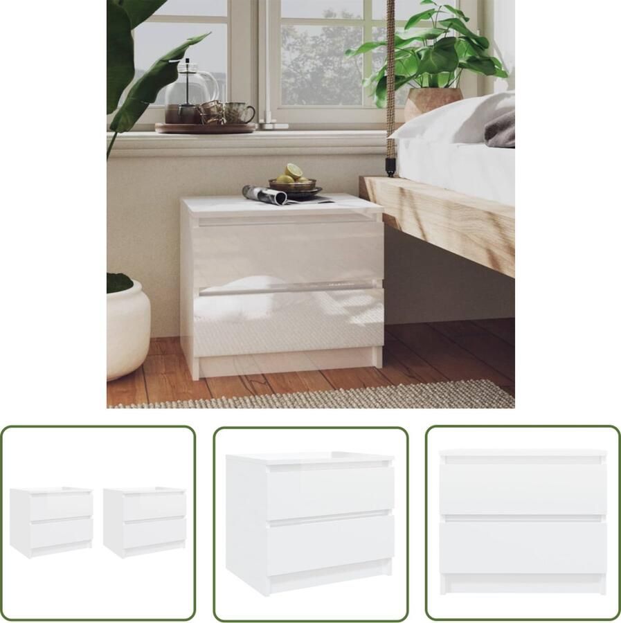 The Living Store Bedkastjes Hoogglans wit 50 x 39 x 43.5 cm 2 lades Stevige constructie Nachtkastje Slaapkamerinrichting Bedkantje Meubilair Houten Meubel - Foto 2