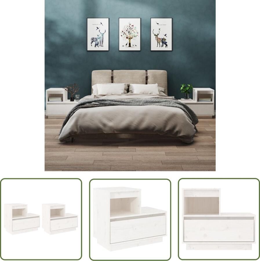 The Living Store Nachtkastje Wit Massief Grenenhout 60 x 34 x 51 cm 2 montage opties Nachtkastje Houten Nachtkastje Grenenhouten Nachtkastje Wit Nachtkastje Slaapkamers - Foto 2